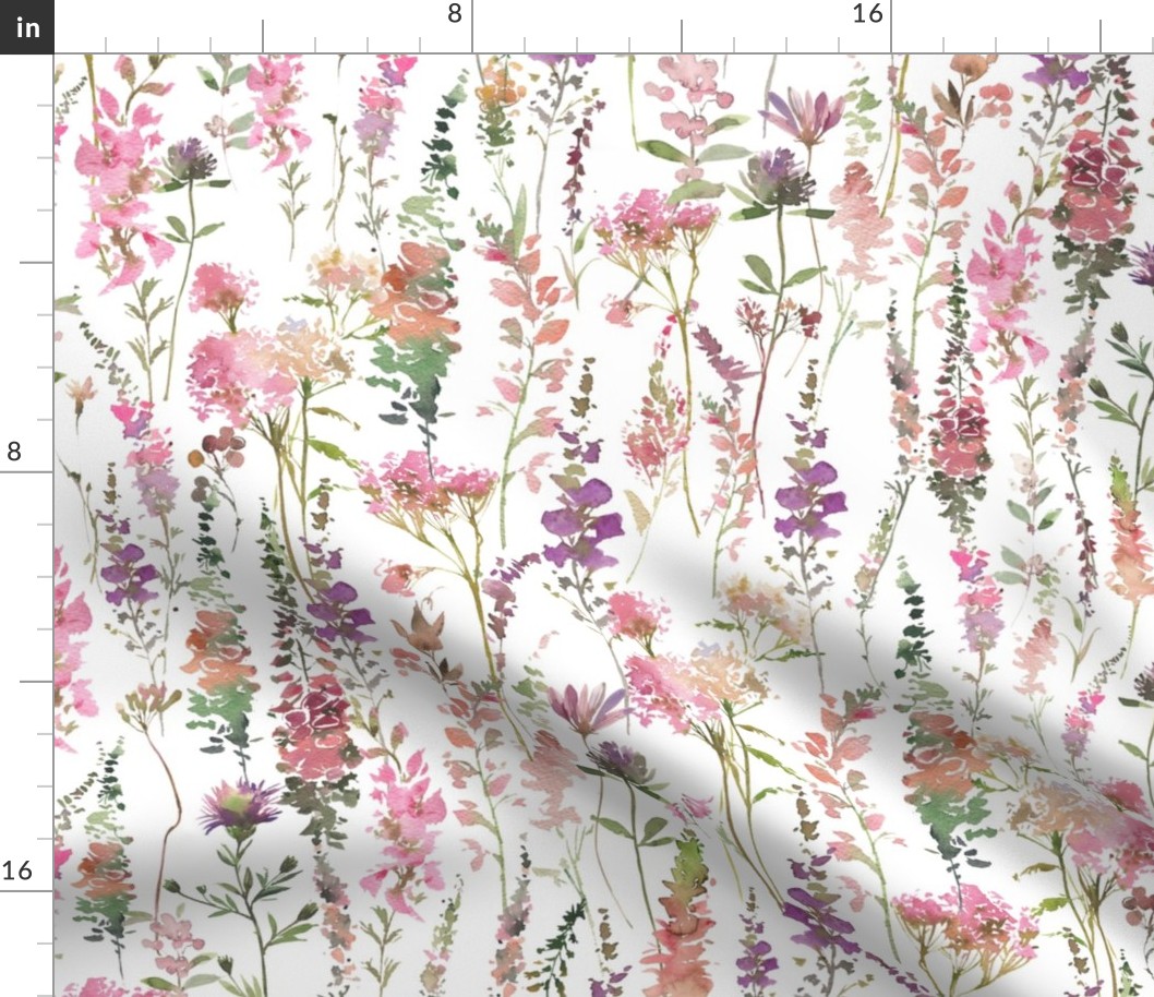 21" a pink and purple very abstract summer wildflower meadow  - nostalgic flowers and herbs home decor on white,  baby Girl and nursery fabric perfect for kidsroom wallpaper, kids room, kids decor