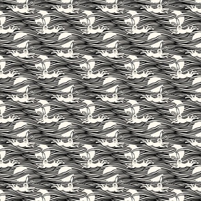 small | B&W leaping rabbit | Black and off white wavy stripes