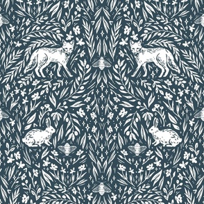 Scandinavian Woodland Wallpaper in Traditional Navy Blue & White - 18 Inch Fabric Repeat