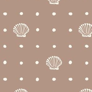 Mini | Natural Beach Seashell Elegance: Minimalistic Coastal Pattern with Hand-Drawn White Ink Brush Ocean Shells and White Dots on Solid Unicolor Sand Beige Block Repeat Geometrical Pattern Design for Garden Upholstery, Bathroom Wallpaper, Kids Clothing