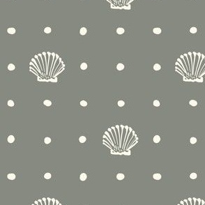 Mini | Natural Beach Seashell Elegance: Minimalistic Coastal Pattern with Hand-Drawn White Ink Brush Ocean Shells and White Dots on Solid Unicolor Muted Grey Blue Block Repeat Geometrical Pattern Design for Garden Upholstery, Bathroom Wallpaper, Kids Clot
