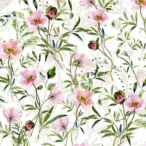 21" Hand painted Pink Watercolor Poppy Blossoms, Green Branches Vines and Climers, Wild Peas, Wildflowers Herbs And Greenery -  Perfect for Nursery home decor and wallpaper -white double layer