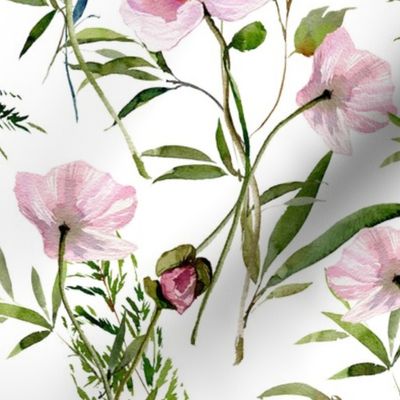 21" Hand painted Pink Watercolor Poppy Blossoms, Green Branches Vines and Climers, Wild Peas, Wildflowers Herbs And Greenery -  Perfect for Nursery home decor and wallpaper -white