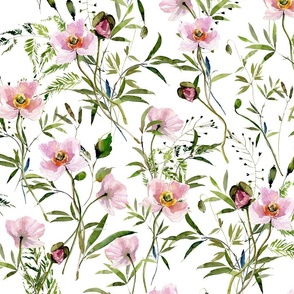 21" Hand painted Pink Watercolor Poppy Blossoms, Green Branches Vines and Climers, Wild Peas, Wildflowers Herbs And Greenery -  Perfect for Nursery home decor and wallpaper -white