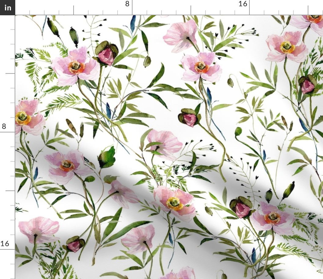 21" Hand painted Pink Watercolor Poppy Blossoms, Green Branches Vines and Climers, Wild Peas, Wildflowers Herbs And Greenery -  Perfect for Nursery home decor and wallpaper -white