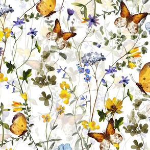21" a colorful summer wildflower meadow  - nostalgic Wildflowers, Yellow Butterflies and Herbs home decor on white double layer,   Baby Girl and nursery fabric perfect for kidsroom wallpaper, kids room, kids decor- double layer