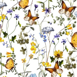 21" a colorful summer wildflower meadow  - nostalgic Wildflowers, Yellow Butterflies and Herbs home decor on white double layer,   Baby Girl and nursery fabric perfect for kidsroom wallpaper, kids room, kids decor