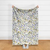 21" a colorful summer wildflower meadow  - nostalgic Wildflowers, Blue Butterflies and Herbs home decor on white double layer,   Baby Girl and nursery fabric perfect for kidsroom wallpaper, kids room, kids decor