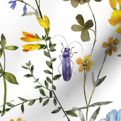 21" a colorful summer wildflower meadow  - nostalgic Wildflowers, Blue Butterflies and Herbs home decor on white double layer,   Baby Girl and nursery fabric perfect for kidsroom wallpaper, kids room, kids decor
