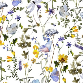21" a colorful summer wildflower meadow  - nostalgic Wildflowers, Blue Butterflies and Herbs home decor on white double layer,   Baby Girl and nursery fabric perfect for kidsroom wallpaper, kids room, kids decor