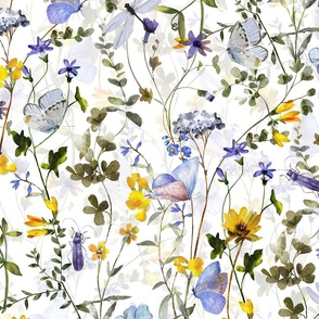 21" a colorful summer wildflower meadow  - nostalgic Wildflowers, Blue Butterflies and Herbs home decor on white double layer,   Baby Girl and nursery fabric perfect for kidsroom wallpaper, kids room, kids decor - double layer