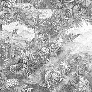 Jungle Watercolor in Gray | Jungle animals, rainforest fabric, global tropical forest with parrots, chameleons, lizards and birds, gray watercolor fabric, neutral wallpaper, monotone tropical leaves and plants.