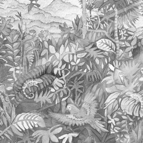 Jungle Watercolor in Gray (large scale) | Jungle animals, rainforest fabric, global tropical forest with parrots, chameleons, lizards and birds, gray watercolor fabric, neutral wallpaper, monotone tropical leaves and plants.