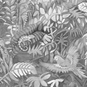 Jungle Watercolor in Gray (xl scale) | Jungle animals, rainforest fabric, global tropical forest with parrots, chameleons, lizards and birds, gray watercolor fabric, neutral wallpaper, monotone tropical leaves and plants.