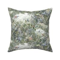 Jungle Watercolor in Warm Neutrals | Jungle animals, rainforest fabric, global tropical forest with parrots, chameleons, lizards and birds, neutral greens and grays, watercolor fabric, neutral wallpaper, tropical leaves and plants.