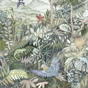 Jungle Watercolor in Warm Neutrals (large scale) | Jungle animals, rainforest fabric, global tropical forest with parrots, chameleons, lizards and birds, neutral greens and grays, watercolor fabric, neutral wallpaper, tropical leaves and plants.