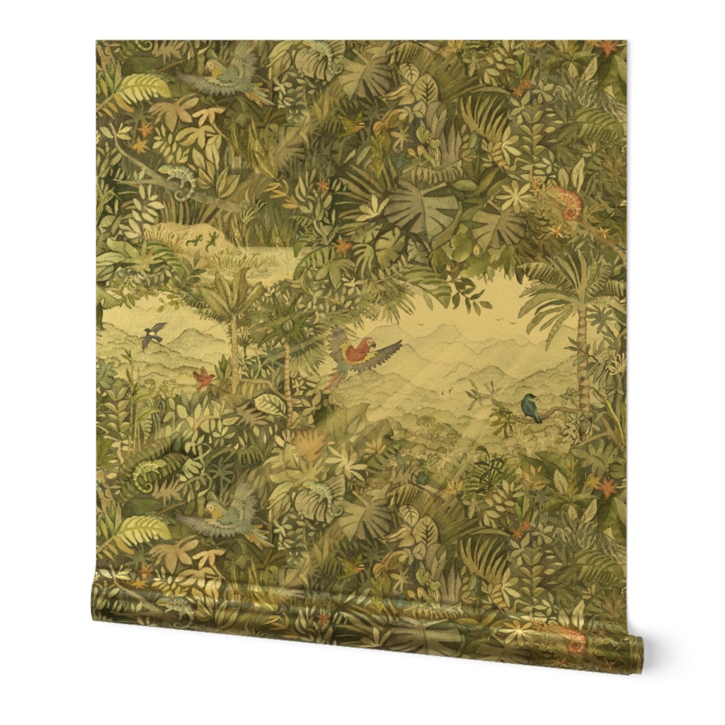 Jungle Watercolor in Warm Neutrals (xl scale) | Jungle animals, rainforest fabric, global tropical forest with parrots, chameleons, lizards and birds, neutral greens and grays, watercolor fabric, neutral wallpaper, tropical leaves and plants.
