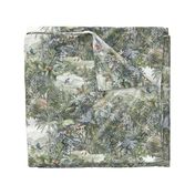 Jungle Watercolor in Warm Neutrals (xl scale) | Jungle animals, rainforest fabric, global tropical forest with parrots, chameleons, lizards and birds, neutral greens and grays, watercolor fabric, neutral wallpaper, tropical leaves and plants.