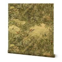 Jungle Watercolor in Warm Neutrals (xl scale) | Jungle animals, rainforest fabric, global tropical forest with parrots, chameleons, lizards and birds, neutral greens and grays, watercolor fabric, neutral wallpaper, tropical leaves and plants.