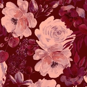 Watercolor Floral Chaos Dark Red