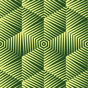 Op Art Hexagon Striped Star in Yellow on Dark Green