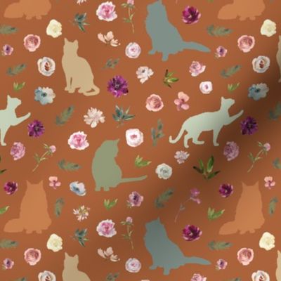 small scale earth tone floral cat orange