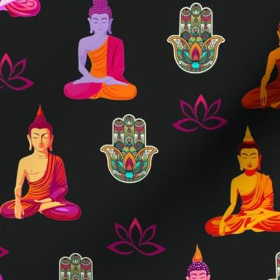 Colorful Buddha Hamsa and Lotus in Black