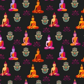 Colorful Buddha Hamsa and Lotus in Black