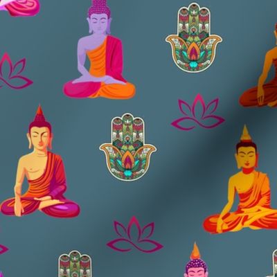 Colorful Buddha Hamsa and Lotus in Gray