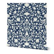 damask with off white flowers and ornaments  on a navy blue - large scale