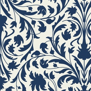 damask with flowers and ornaments blue on a alabaster white - large scale