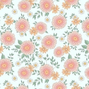 Boho Floral Spring Summer with daisies in pink orange green on light blue small