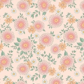 Boho Floral Spring Summer with daisies in pink orange green on blush small