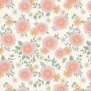 Boho Floral Spring Summer with daisies in pink orange green on beige small