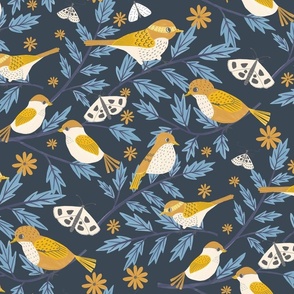 Woodland Birds  || Yellow Birds on Dark Blue by Sarah Price