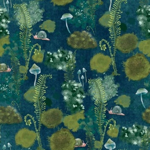 Mossy Clumps and Hidden Friends- on dark teal (large scale)