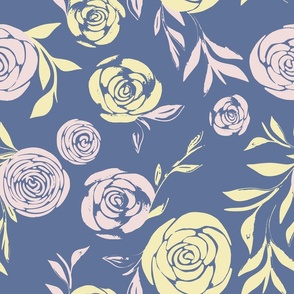 Butter and piglet roses on blue background (18" Fabric / 12" Wallpaper)
