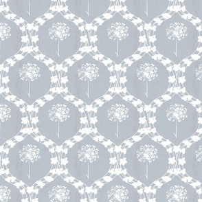 Lattice Ogee, faded blue, slate gray and white fabric,  MEDIUM, wood texture, white and blue