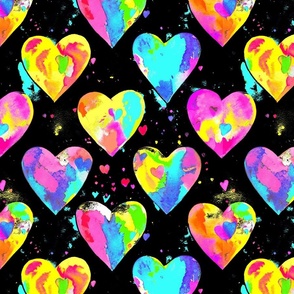 Rainbow splatter hearts on black