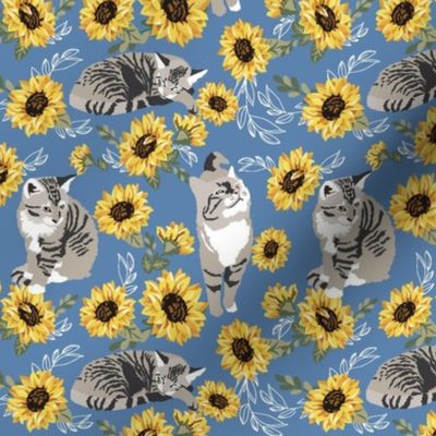small print/ Gray cats with yellow sunflowers on denim blue background kitten cat fabric