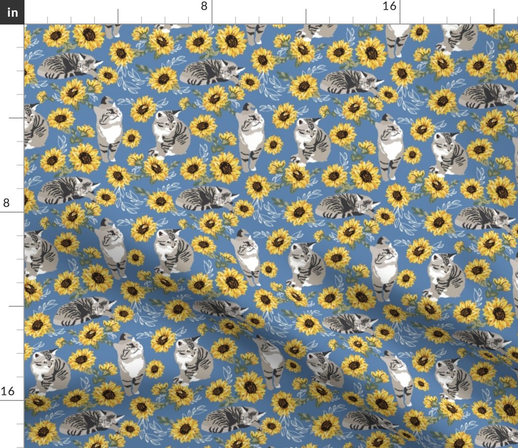 small print/ Gray cats with yellow sunflowers on denim blue background kitten cat fabric