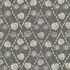 Diamond floral pattern in olive drab, Artichoke green and ecru wallpaper, midscale, craftsman 