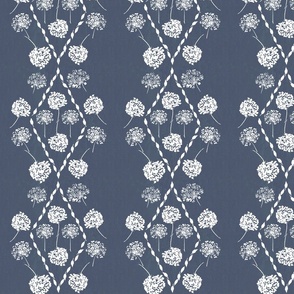 Diamond Floral Fabric, Denim Blue Stripe, Lattice, Modern Floral, Large Size,  Sophisticated, Blue and White