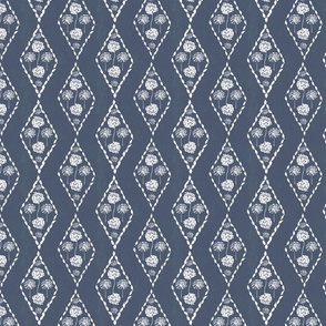 Diamond Stripe Floral on Denim Blue Fabric, Medium,  Blue and White Wallpaper, Indigo and White Flowers