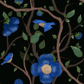 Blue Bird, Flowers, and Branches - black background 