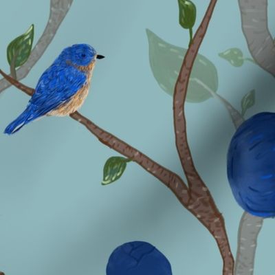 Blue Bird, Flowers, and Branches  Green Blue Background