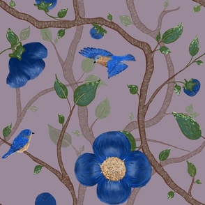 Blue Bird, Flowers, and Branches muted purple background