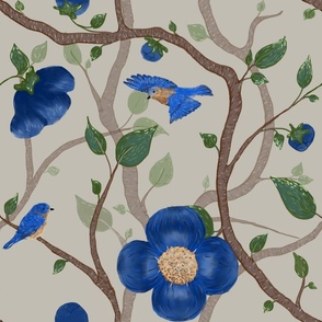 Blue Bird, Flowers, and Branches -neutral background 