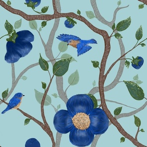 Blue Bird, Flowers, and Branches -Light Blue Green Background