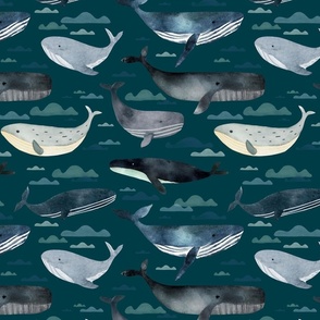 Life at Sea - Hand drawn watercolor whales over dark blue teal medium - ocean coastal home decor - baby nursery